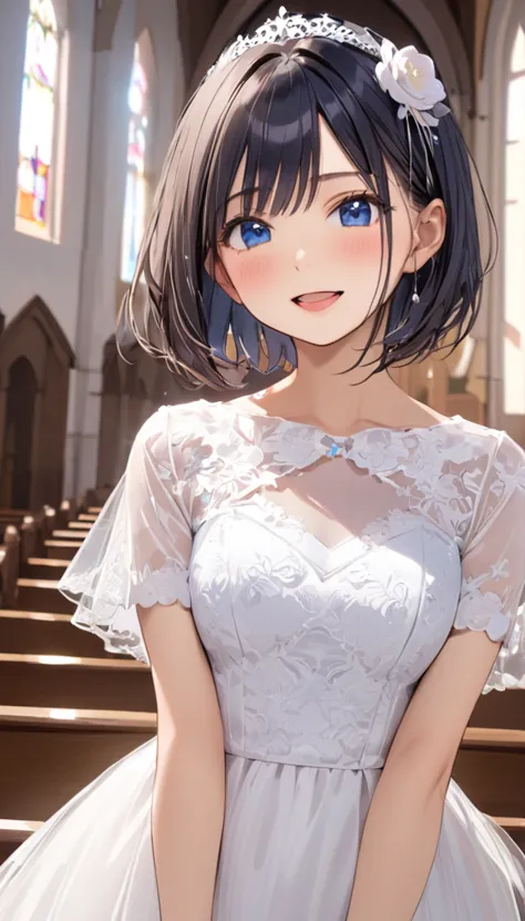 cowboy shot、 1 girl, a shy smile、blush、black hair, short bob cut, short sleeve wedding dress、(((church、background:1.4))), blush:...