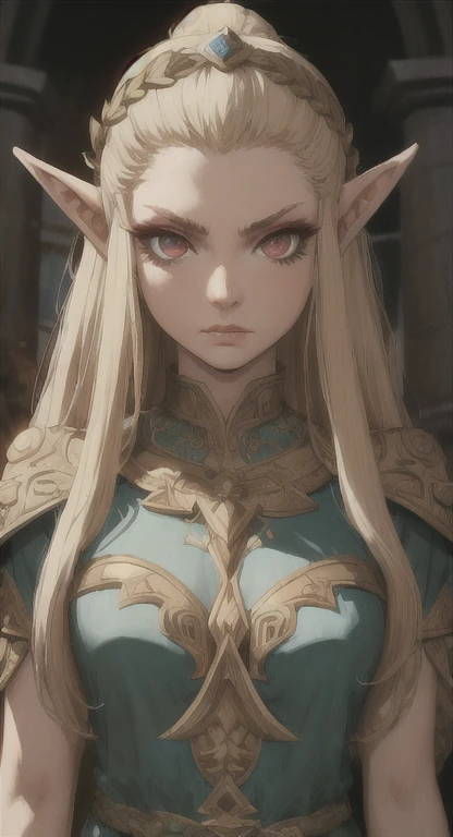 Ancient Hylian, Devine heroine, princess Hylia, blonde, red eyes, glaring at viewer, ancient Devine armor, long messy hair, ancient Hyrule, medieval Town, 