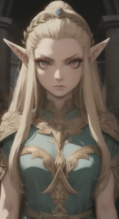 ancient hylian, devine heroine, princess hylia, blonde, red eyes, glaring at viewer, ancient devine armor, long messy hair, anci...