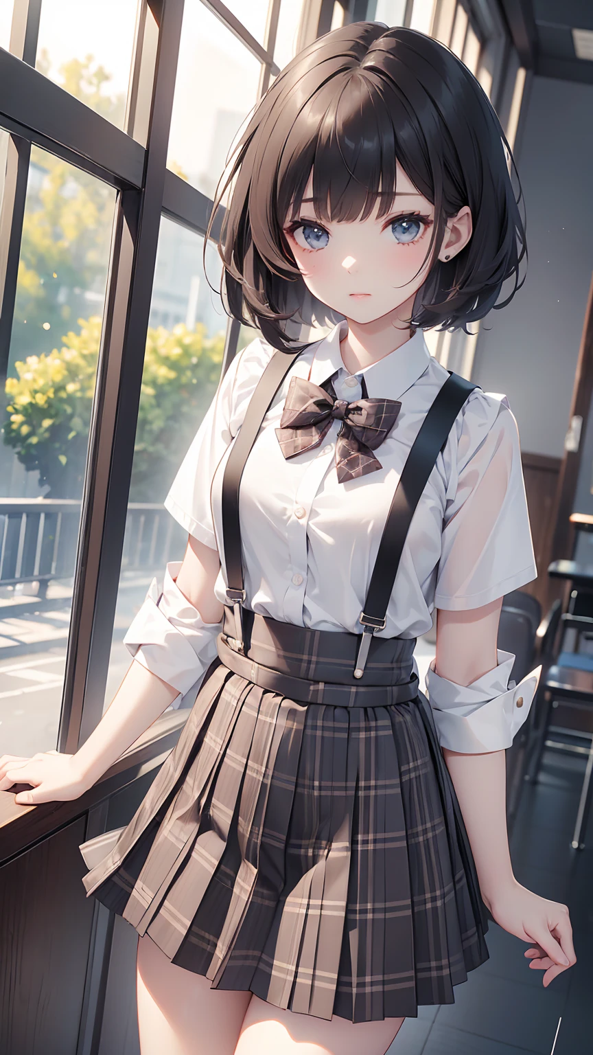 1 girl, Solo, Cute Girl, 150 cm, Best Quality, Ultra-detailed, 8K, High resolution, Detailed face, dark brown hair, bob hair, (((tareme:1.5, downer))), (((school uniform, white collared shirt, bowtie, pleated skirt, gray skirt, plaid skirt, long skirt, white socks))), 60cm length, short hair, suspenders skirt