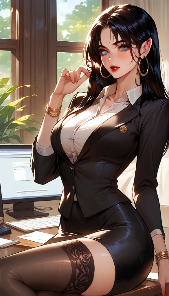 Hot beautiful  angelic milf elf beautiful  into office  ,red lipstick, long big hoops Earrings , long black hair, stockings, bracelet, black blazer,skirt,detailed, blue eyes,  white shirt

