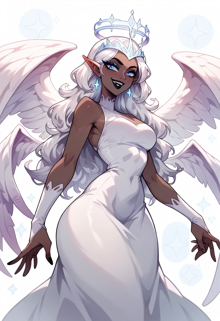 Woman, big ass, dark skin, white hair, white dress, blue eyes, crown shaped halo, black lipstick, provocative smile, provocative, calm eyes,Six wings 