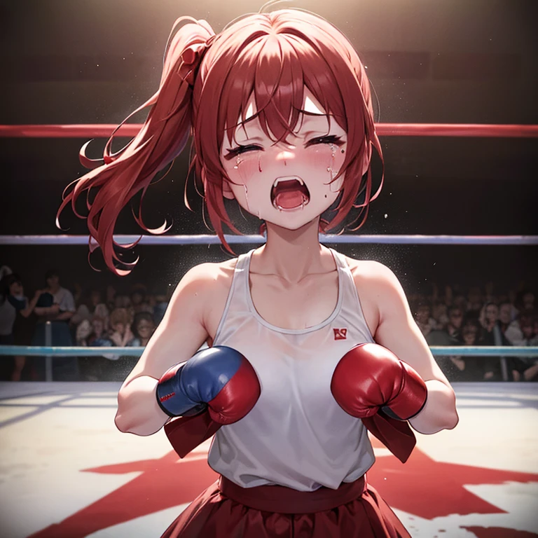 Boxing Ring、Falling、down、loser、A girl wearing boxing gloves on both hands、Flushed face、Are crying、Eyes closed、scream、Scream、despair、Vomiting blood、bleed、Bleeding、Covered in blood、Bloody、Bloodbath