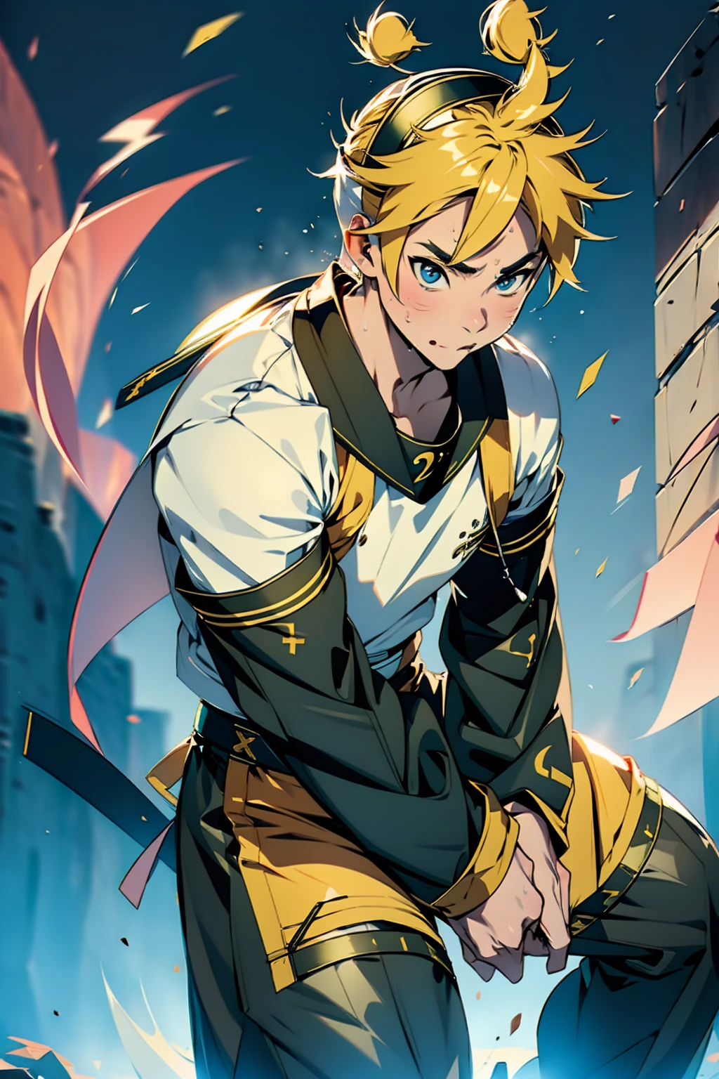 stage,(((Kagamine Len))),short hair,Short Ponytail,Huge muscles,Huge penis,Harness,Magic Circle Pattern Tattoo,Imminent sexual activity,Highest quality,((Sticking out tongue,Shaking violently)),teenager face,Little,Sailor suit,suit,Sucking Your Own Penis,headset,スパイダーマンsuitのようなピッタリしたSailor suit,Large bulging muscles,Lots of drool, sweat and semen,Split squats,Ejaculate a lot,A lot of clear fluid coming out of the penis,Blue and white wings