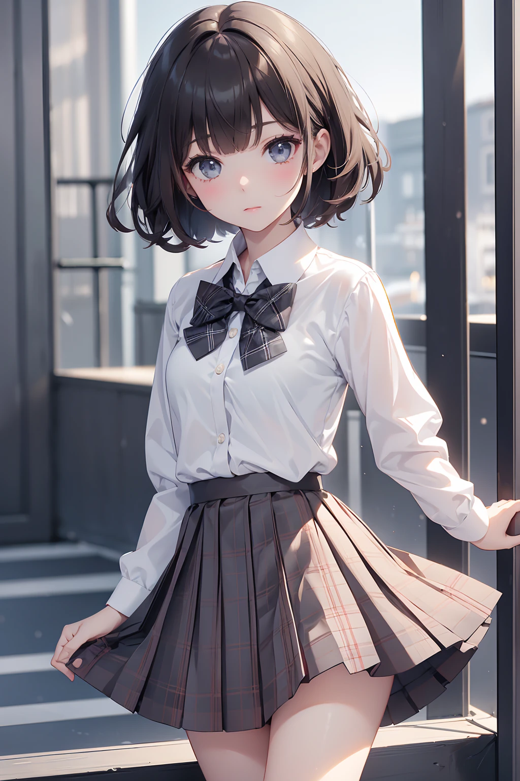 1 girl, Solo, Cute Girl, 150 cm, Best Quality, Ultra-detailed, 8K, High resolution, Detailed face, dark brown hair, bob hair, (((tareme:1.5, downer))), (((school uniform, white collared shirt, bowtie, pleated skirt, gray skirt, plaid skirt, long skirt, white socks))), 60cm length, short hair