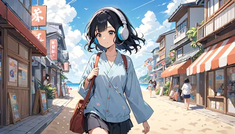 a woman with black hair and cute clothes strolling along the beach,streetscape、listening to music with headphones、japanese