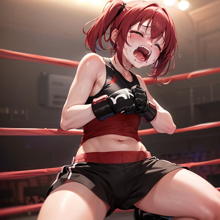 Boxing Ring、Falling、down、loser、A petite woman wearing boxing gloves on both hands、Flushed face、Are crying、Eyes closed、scream、Scream、despair、Vomiting blood、bleed、Bleeding、Covered in blood、Bloody、Bloodbath