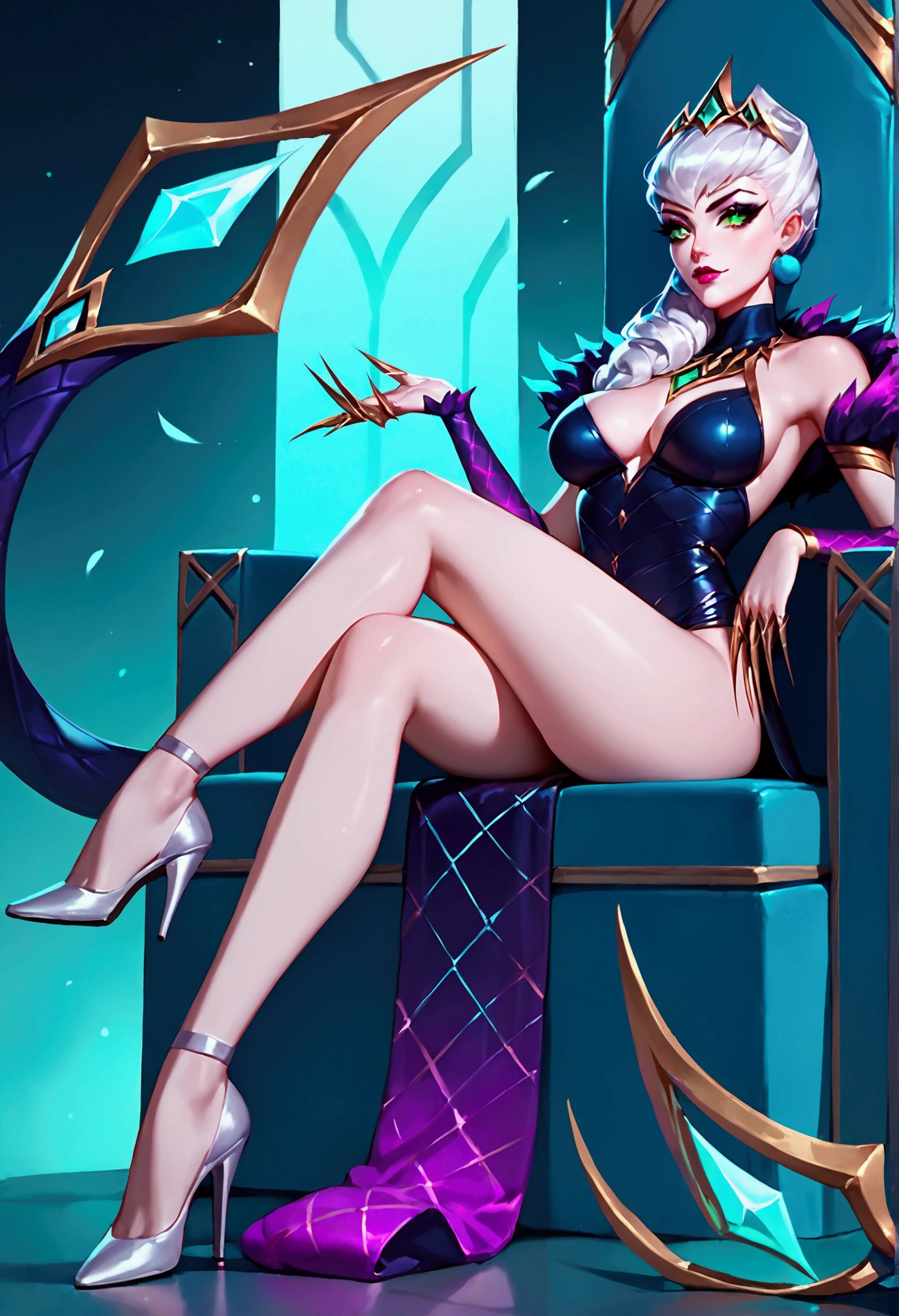 score_9, score_8_up, score_7_up, Evelynn (league of legends), 1 girl, white hair, bright green eyes, dressed as a ruined queen, tiara with emeralds, sexy, full body, earrings, long eyelashes, sexy, big bust, beautiful face, background with green smoke, sitting on a throne