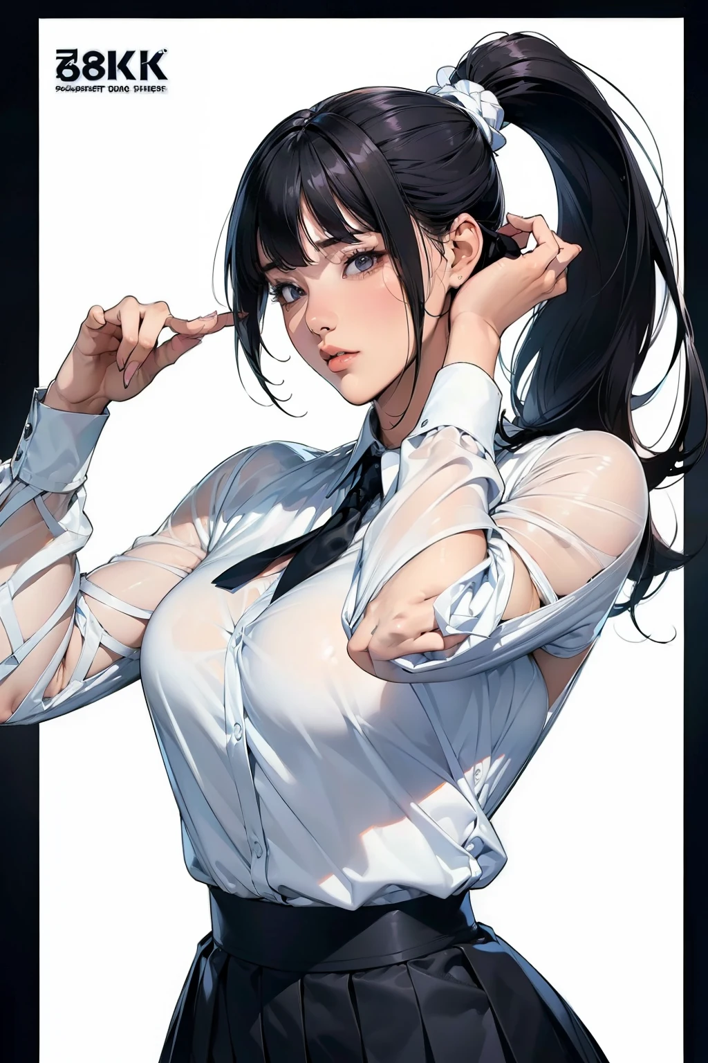 (Character design sheet:1.4), (masterpiece), (Highest quality), One person、whole body, Dancing、Sexy pose、(Perfect Face:1.2), (Beautiful Face:1.2), Black Hair, ponytail、blunt bangs, school uniform,White shirt、tie、 8k, Insane Details, Intricate details, Very detailed, Hyper Quality, High Detail,Black Pleated Skirt High Resolution,High Waist Skirt