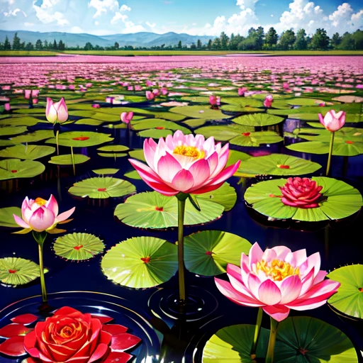 rose lotus flowers blooming in a garden inside muddy swamp