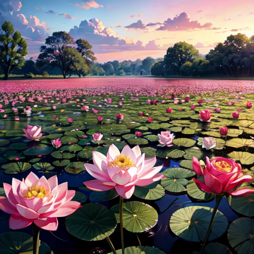 rose lotus flowers blooming in a garden inside muddy swamp