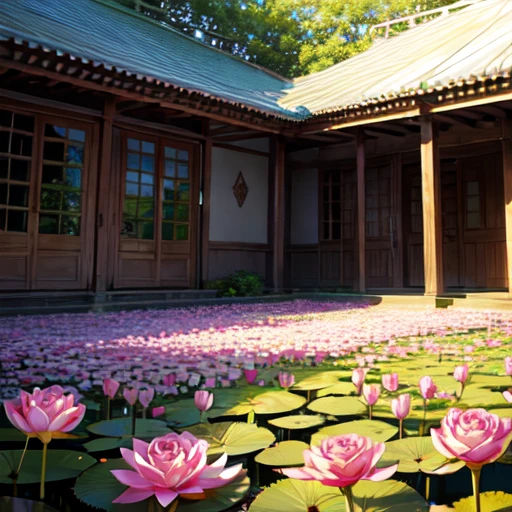 rose lotus flowers blooming in a garden inside muddy swamp