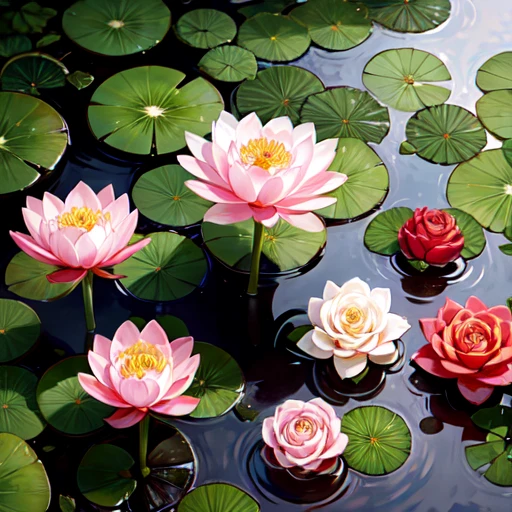 rose lotus flowers blooming in a garden inside muddy swamp