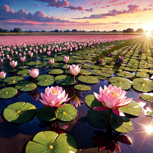 rose lotus flowers blooming in a garden inside muddy swamp