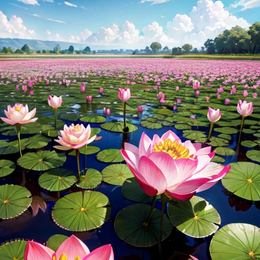 rose lotus flowers blooming in a garden inside muddy swamp