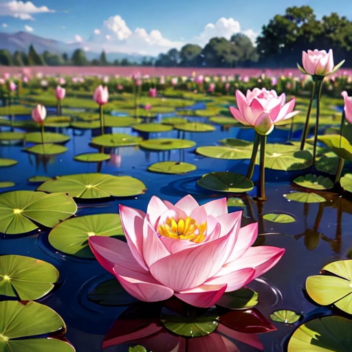 rose lotus flowers blooming in a garden inside muddy swamp