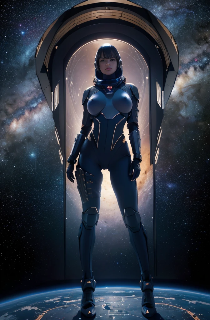 1 Yankee woman, her age is 28, ((full body)), ((nude)), ((heavily armored space commander)), beautiful chest, standing with her legs spread apart, in her huge space ship at deep space far from the galaxy, no planet and no moon around there, milky way outside of the ship, zoom in from below, ((enlarge the girl))