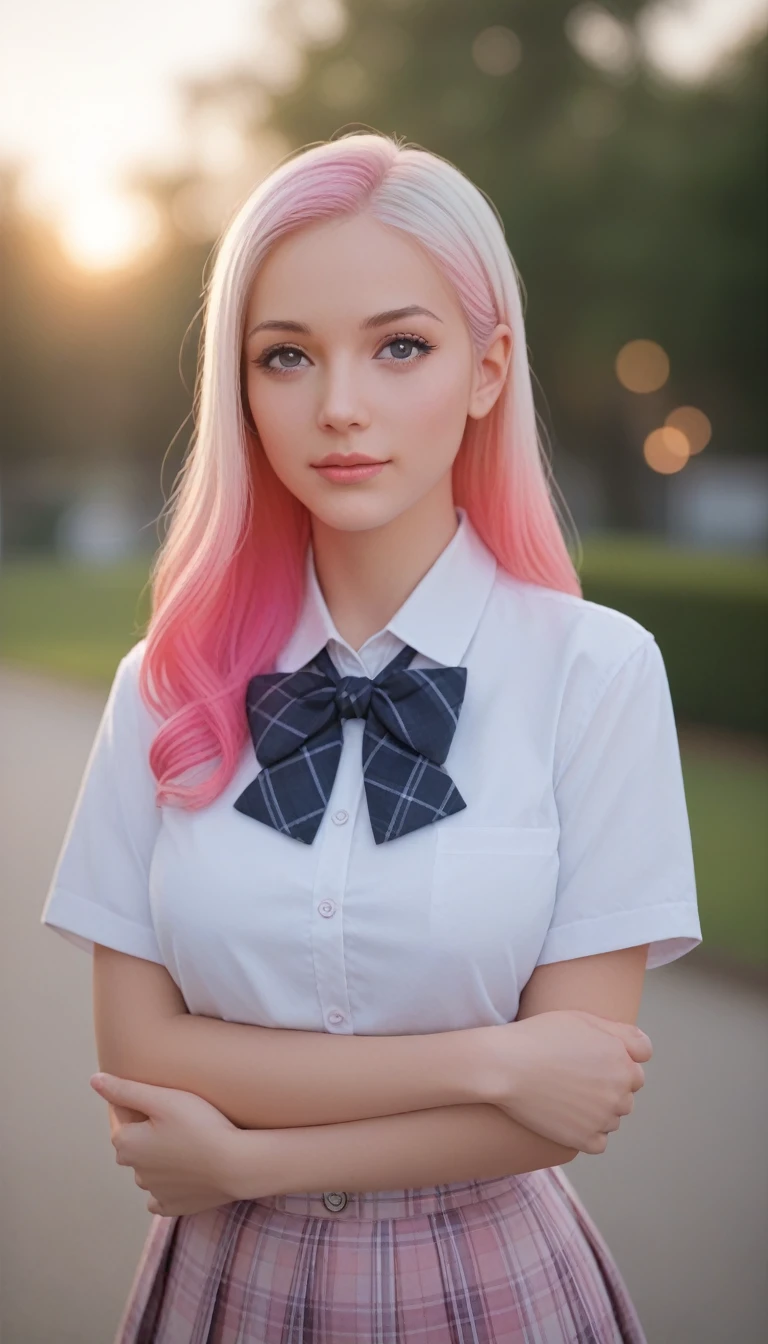 Score_9, score_8_up, score_7_up, score,1 Girl, Beautiful, Baby Face, 20 Years Old, White Skin, Huge Chests, Pose, Pink Perfect School Uniform, Grey Eye, Outdoor, Bokeh:1.1, Drill Hair, Tied Hair, ((Pink Gradient Coloured Hair))