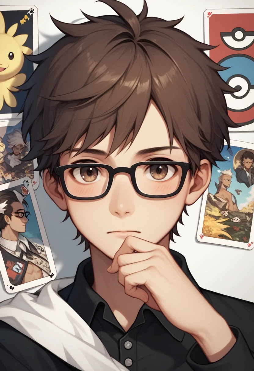 male character (human), young adult, black to brown gradient color eyes, rectangular glasses with black frame and short hair, slightly grown on the back of dark brown color. Shy traits, sillitary appearance. Pokémon cards in hand as he watches them closely. In the background you can see his room full of Pokémon stuff., cards, posters, video game, some anime figures, mostly nerdy and geeky looking. Pose sitting on a chair, close-up of his face (sideways) mientras observa las cards. (SuperQuality:1.0)