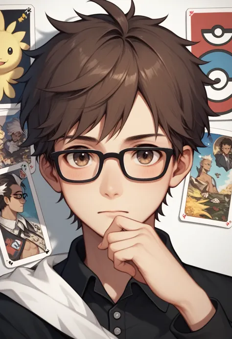 male character (human), young adult, black to brown gradient color eyes, rectangular glasses with black frame and short hair, sl...