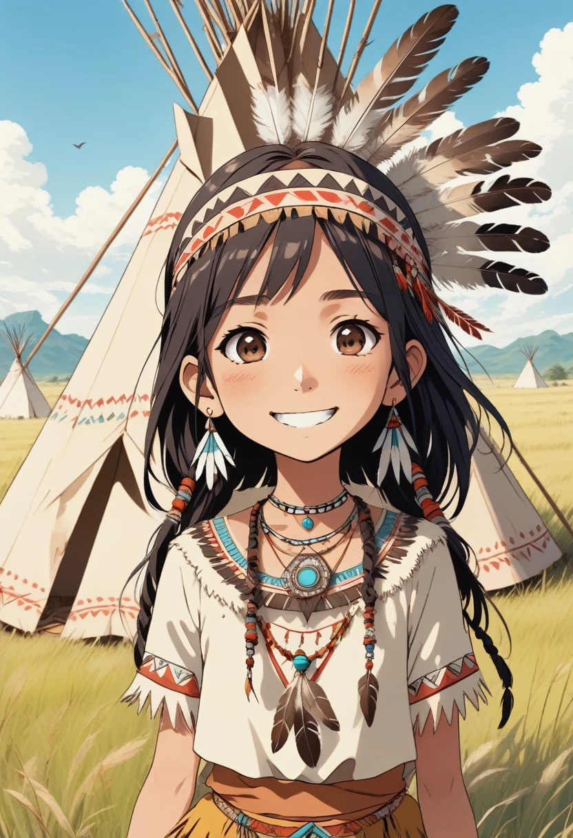 score_9, score_8_up, score_7_up, score_6_up, score_5_up, score_4_up, source_anime, old manga style, kawaii native american indian girl character, smiling, indian costume, headband, bird feathers on her head, teepee, grassland