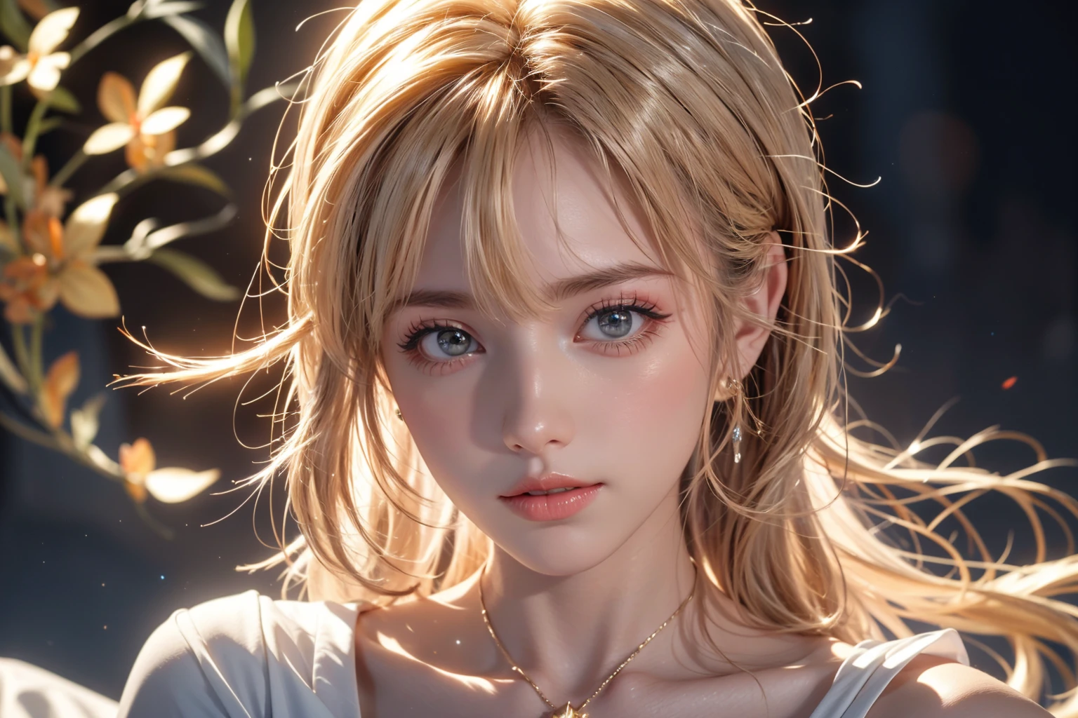 A beautiful, highly detailed, and photorealistic 3D render of Luxanna from League of Legends, sitting on a bed with a sensual, intimate expression, wearing only her white and gold magical armor, her long blonde hair flowing gracefully, with intense, piercing eyes, a delicate nose, and full, luscious lips, surrounded by an ethereal, glowing light, with a shimmering, luminous skin tone, in a soft, romantic color palette, in a serene, atmospheric setting.