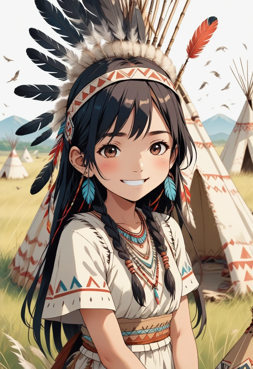 score_9, score_8_up, score_7_up, score_6_up, score_5_up, score_4_up, source_anime, old manga style, kawaii native american indian girl character, smiling, indian costume, headband, bird feathers on her head, teepee, grassland