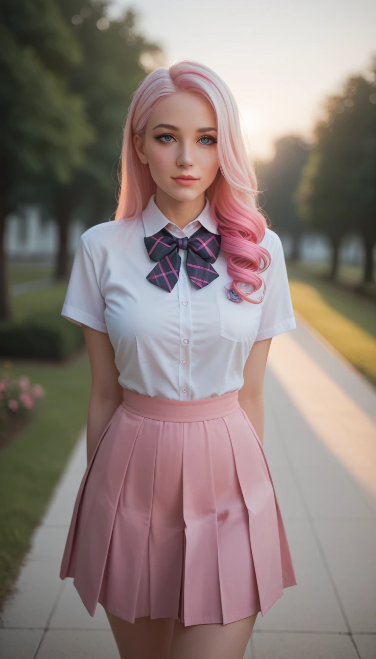 Score_9, score_8_up, score_7_up, score,1 Girl, Beautiful, Baby Face, 20 Years Old, White Skin, Huge Chests, Pose, Pink Perfect School Uniform, Grey Eye, Outdoor, Bokeh:1.1, Drill Hair, Tied Hair, ((Pink Gradient Coloured Hair))