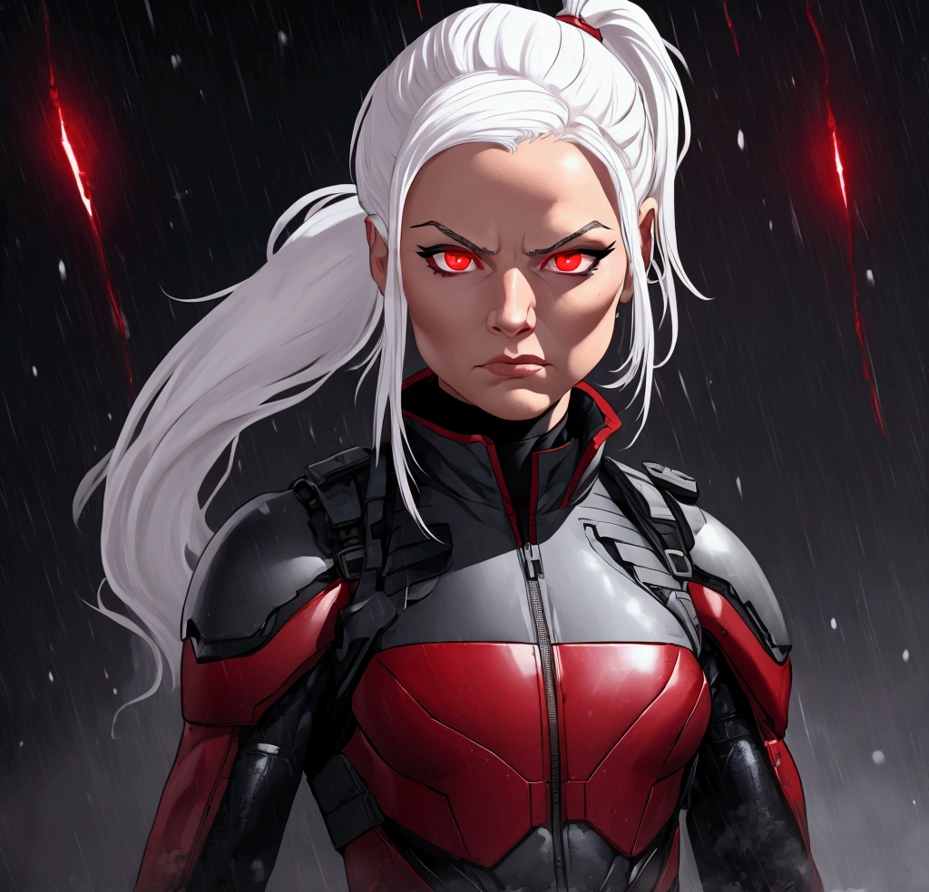 Small girl, long, bushy white hair with a ponytail, crimson eyes, military bulletproof vest, combat suit, cold expression, with crimson energy powers.