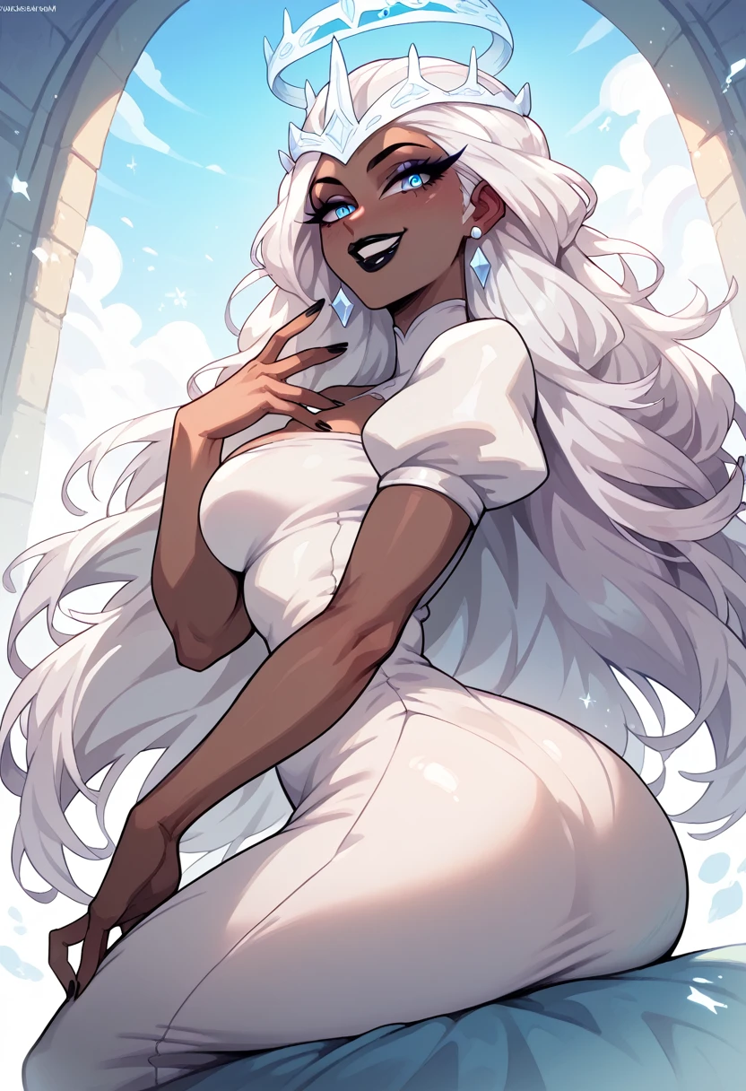 Woman, big butt, dark skin, white hair, white dress, blue eyes, crown shaped halo, black lipstick, provocative smile, provocative, calm eyes