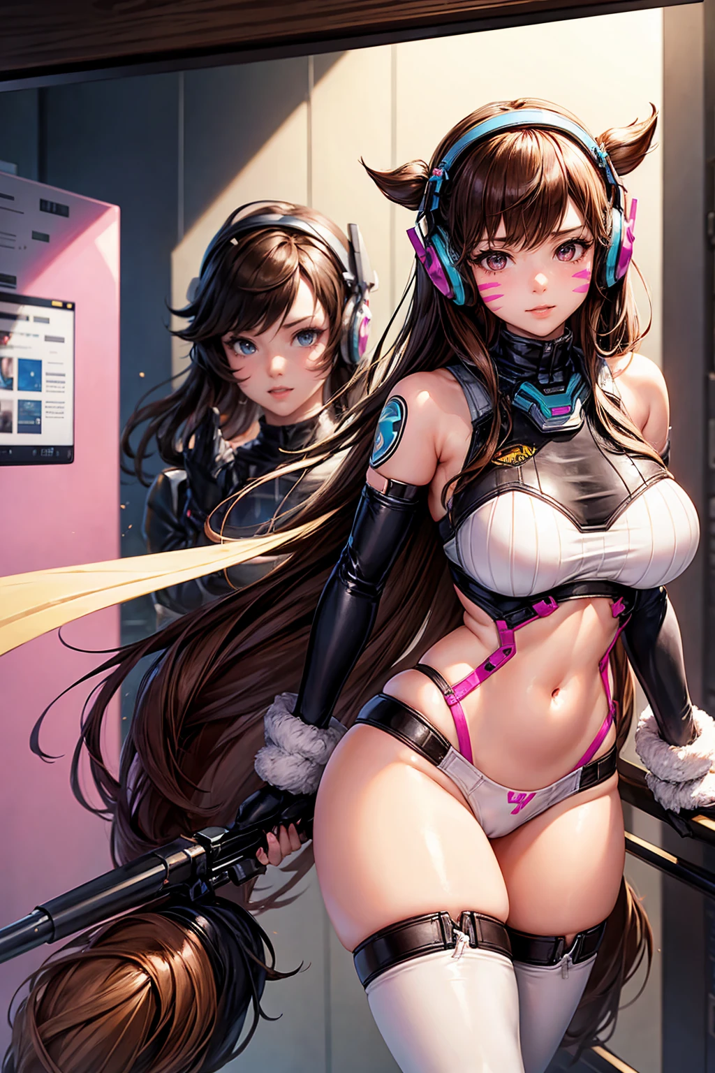 1girll, (D.va (Overwatch):0.8), Solo, Long hair, whisker markings, Brown hair, face markings, mitts, big breasts, big butt, big rear, Brown eyes, Earphone, White gloves, big breasts, large rear, sweeping bangs, skin tight, bangs, Ribbed one-piece tights, facepaint, Pink lips, smug look, gaming room, best quality, detailed face, HD, latex outfit, revealing, teasing, nsfw, sexy, large thighs, small waist