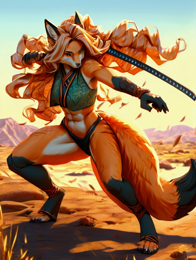 Sexy, samurai, anthropomorphic fox, straight long hair, female, well-toned abs, full body, plains background, orange fur, fighting with a katana