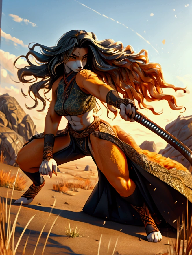 Sexy, samurai, anthropomorphic fox, straight long hair, female, well-toned abs, full body, plains background, orange fur, fighting, holding a katana