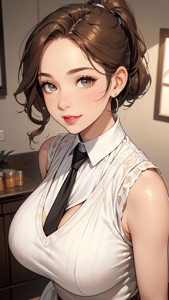 Female 2，housewife，Sunlight，Smile，put on lipstick，light brown short curly hair，Tie a ponytail on the left side，Slightly plump，half moon earrings，Close-up photo of face，Huge breasts，There is a mole at the corner of the mouth，Nipple showing，White vest