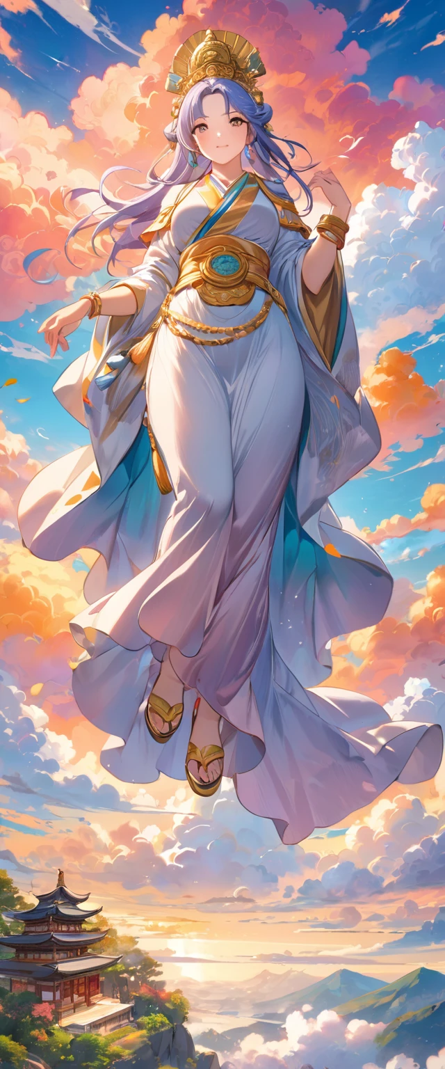  Detailed anime art, Masterpiece, Highest quality, ８K, 1 Hand-painted Mother Kannon statue, Ride the Clouds, Colorful Clouds, Detailed illustration art, Vibrant colors, High resolution, art，Colored pencil drawing，