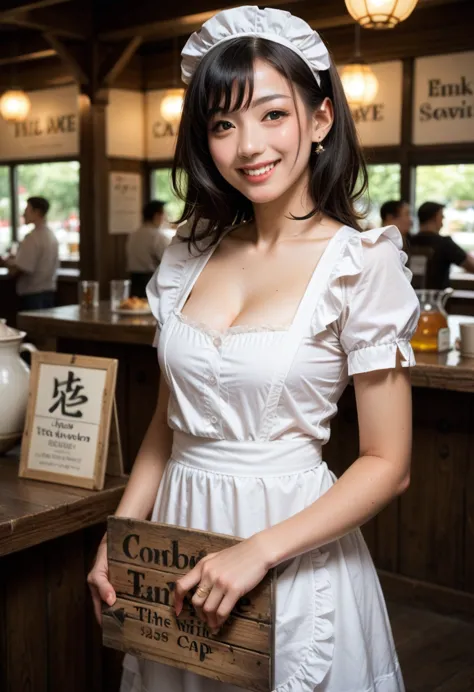 a young japanese woman like an idol in a black and white cleavage maid cosplay with smile is posing in front of a western classi...