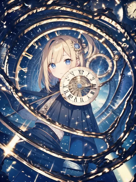 highest quality、absurd beauty、detailed face、perfect eyes、long wavy blonde hair、、black robe、wizard of time、big clock