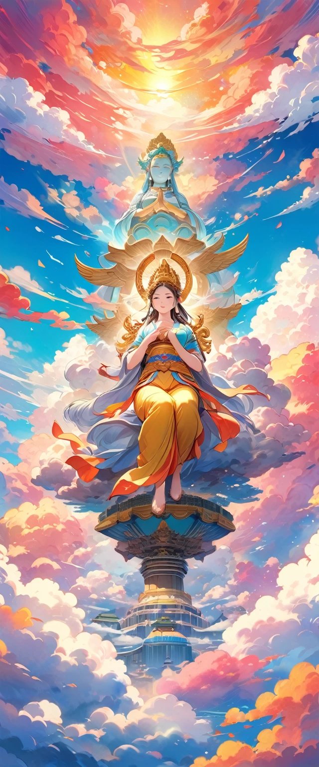  Detailed anime art, Masterpiece, Highest quality, ８K, 1 Hand-painted Mother Kannon statue, Ride the Clouds, Colorful Clouds, Detailed illustration art, Vibrant colors, High resolution, Colored pencil drawing，