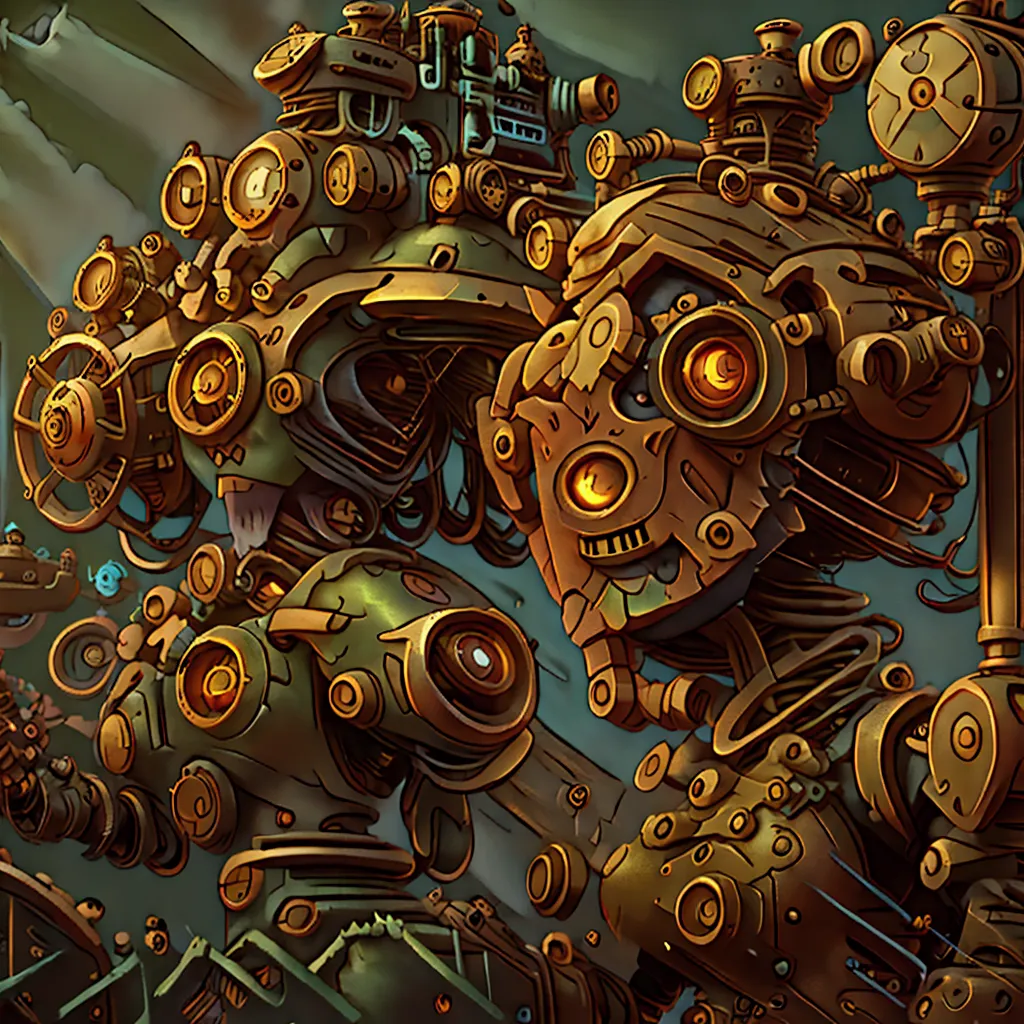 steampunk locks, medium robot, piloted by a human, steampunk style, action environment, forest, leaf shadows, globalized enlight...