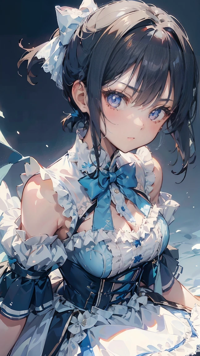 Black-haired girl，The girl with a pursed mouth and an angry look，Brown pupils，Black long hair，Double ponytail short hair，Lolita Skirt，Blue and white lolita dress，Lolita style，Close-up above the waist，Close-up above the waist，Blue and white skirt，Blue and white skirt，Blue and white skirt，Blue and white skirt，蓝白Lolita Skirt，Blue and white dress，Blue and white dress，Lace bow tie，Lace bow tie，Gentle style，Garter，Garter，Garter，Large Breasts