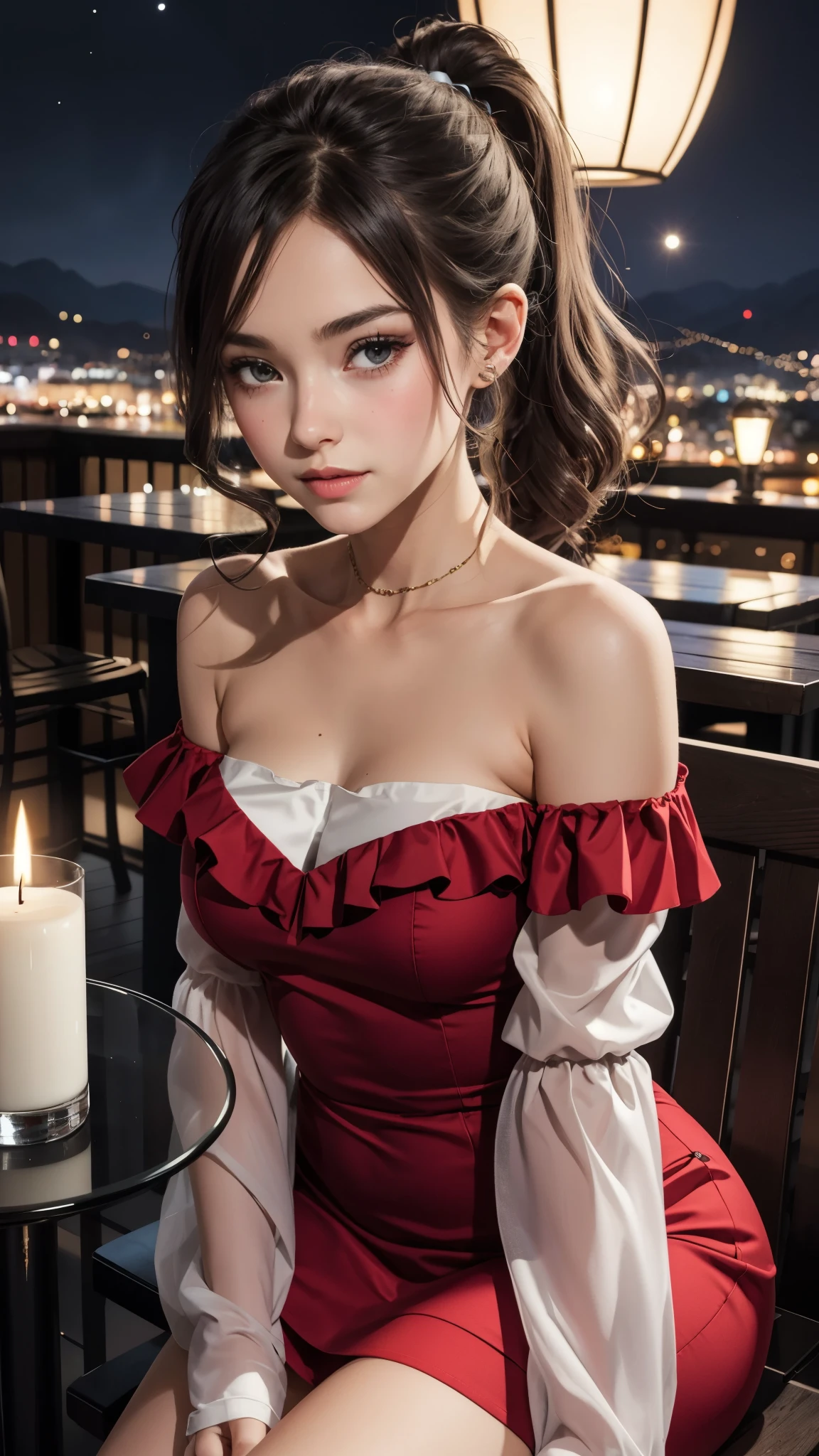 girl in romantic cafe, BREAK, 1girl, sitting, leaning forward, hand on chest, red off-shoulder strapless dress, ruffles-trim, (13yo, cute:1.4), (breasts:1.2), see-through wide sleeve, detailed face, looking at viewer, (blushing:1.2), ponytail, bangs, clavicles, shoulder, candle in glass, on table, night twilight sky, mountains, city landscapes, sexy mini dress, depth details, detailed skin, curly blonde hair, masterpiece, best quality, back lighting, fashionable and chic vibes,