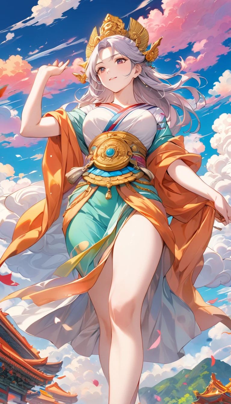  Detailed anime art, Masterpiece, Highest quality, ８K, 1 Hand-painted Mother Kannon statue, Ride the Clouds, Colorful Clouds, Detailed illustration art, Vibrant colors, art, High resolution, Colored pencil drawing，