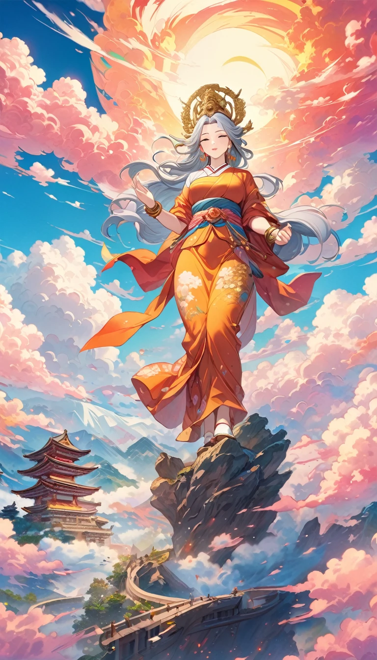  Detailed anime art, Masterpiece, Highest quality, ８K, 1 Hand-painted Mother Kannon statue, Ride the Clouds, Colorful Clouds, Detailed illustration art, Vibrant colors, art,  Colored pencil drawing，High resolution,