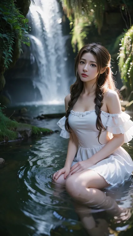 aerith gainsborough, (cosplay), (masterpiece, best quality:1.2), 1 girl, alone, in the depths of wonderland，moonlight falls like...