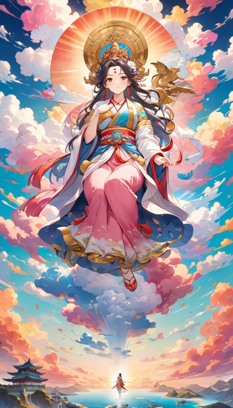  Detailed anime art, Masterpiece, Highest quality, ８K, 1 Hand-painted Mother Kannon statue, Ride the Clouds, Colorful Clouds, Detailed illustration art, Vibrant colors, art,  Colored pencil drawing，High resolution,