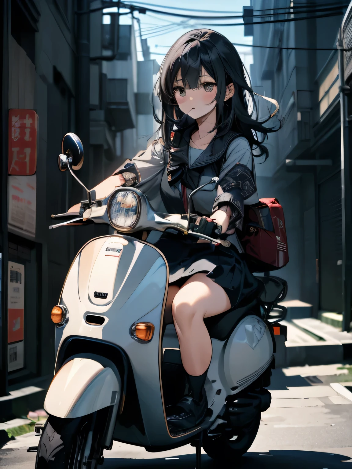 masterpiece, Highest quality, High resolution,alone, Accurate human body、Knowledgeable person、Correct five-finger,Sailor suitを着たアニメの女の子が、Riding a scooter, Japanese girls uniform, Japanese School Uniform, high school girl, seifuku, Anime Girl Cosplay, riding on the Moped scooter, Moped, Sailor suit, beautiful anime high high school girl, JK Uniform, Girl in uniform, wearing Japanese School Uniform, Simple light background, Uniform soft illumination, Shadows are minimal, Quiet and tranquil atmosphere, Front view, Shallow depth of field, Well-balanced exposure