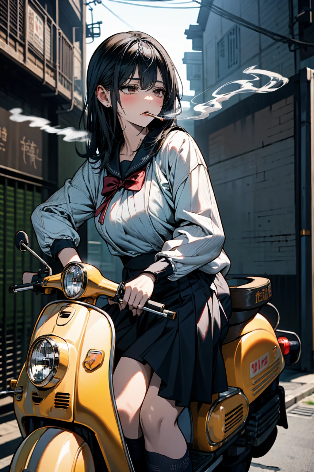 masterpiece, Highest quality, High resolution,alone, Accurate human body、Knowledgeable person、Correct five-finger,Sailor suitを着たアニメの女の子が、Riding a scooter and smoking a cigarette, Japanese girls uniform, Japanese School Uniform, high school girl, seifuku, Anime Girl Cosplay, riding on the Moped scooter, Moped, Sailor suit, beautiful anime high high school girl, JK Uniform, Girl in uniform, wearing Japanese School Uniform, Simple light background, Uniform soft illumination, Shadows are minimal, Quiet and tranquil atmosphere, Front view, Shallow depth of field, Well-balanced exposure