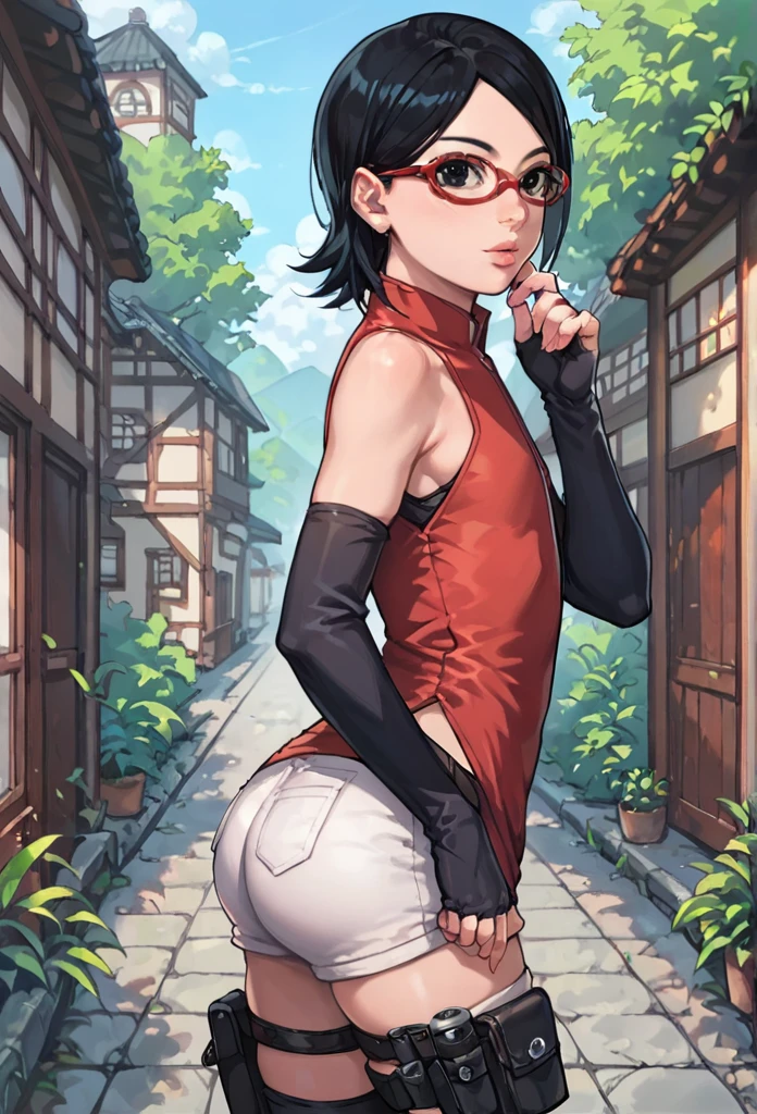 score_9_up, score_8_up, score_7_up, score_6_up, score_5_up, score_4_up, ,zPDXL2, solo, rating_safe, perfect face, perfect eyes, BBC_Chan Style, Sarada Uchiha, solo, 1girl, black hair, short hair, red-framed eyewear, glasses, black eyes,red dress, sleeveless, elbow gloves, black gloves, fingerless gloves, white shorts, black thighhighs, thigh holster, side view, large round butt, bubble butt ,konohagakure village pathway, flat chest,full lips, wide hips,