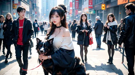 shameful pose photography，public photography。big breasts girl 2，snow，off-shoulder，earphone，collar，dog leash tied around girl&#39...