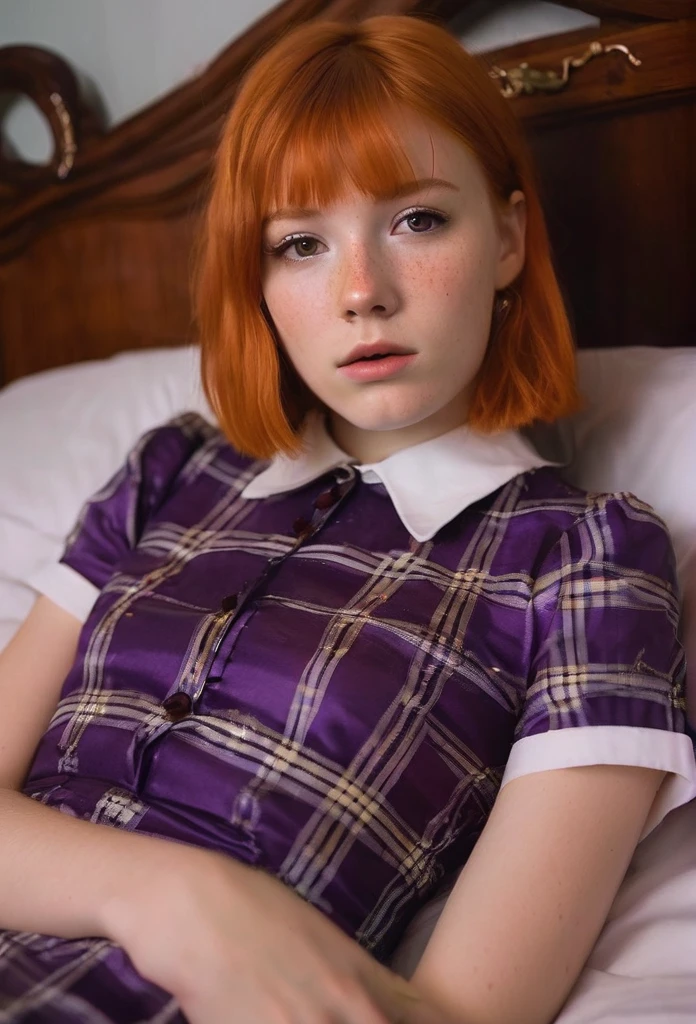 young teenage Caucasian woman with short chin length bob haircut bright ginger hair, freckles, small breasts, wearing leather doh collar and wrist cuffs, wearing very cute silk purple tartan schoolgirl mini-skirt, knee high white socks, She is laying on a bed showing her bloody vagina, in a young girls bedroom, has a look of extreme pain on Her face. She is looking front and up, towards the camera. There are sex toys on the bed. Anal, forced, blood dipping from pussy and anal